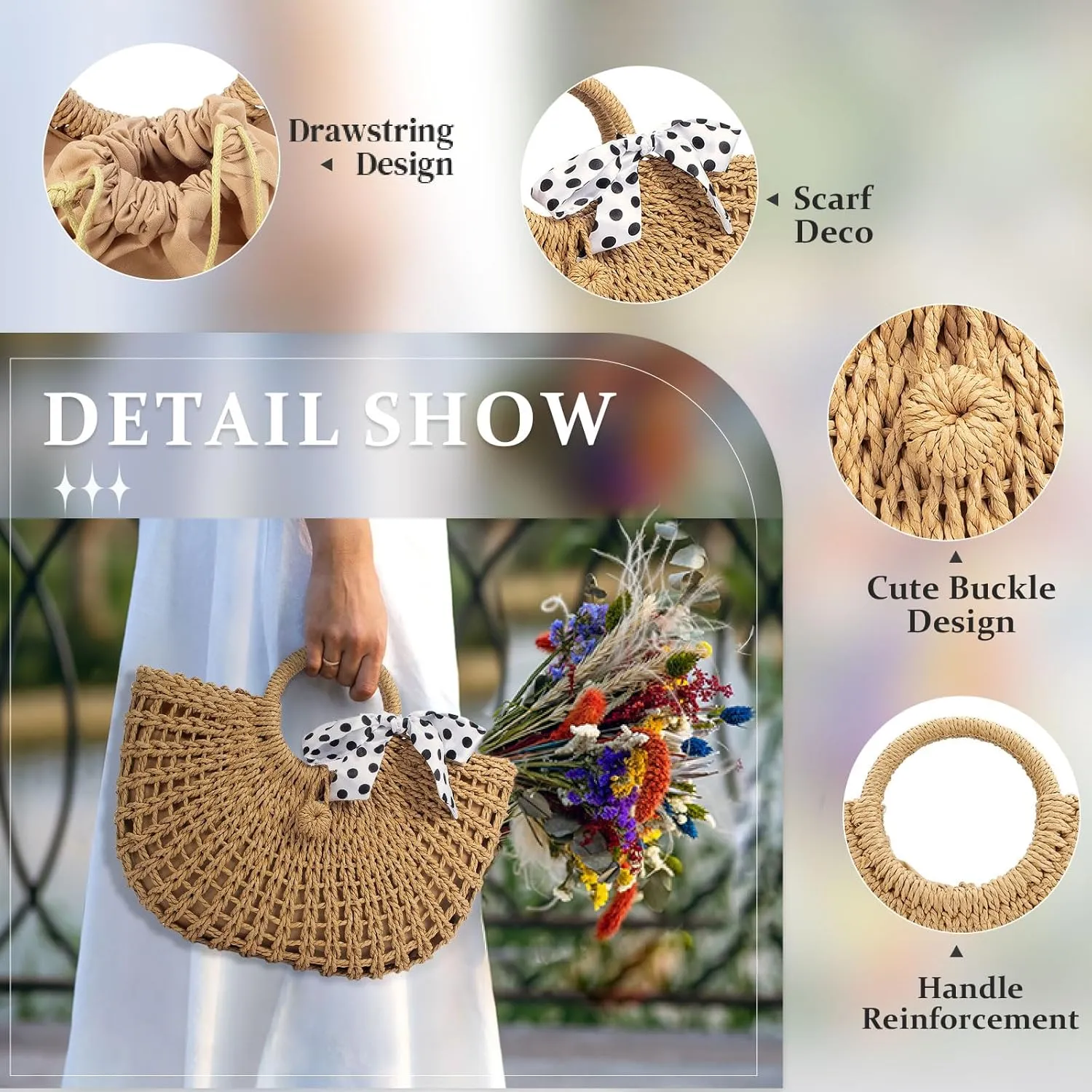 YYW Straw Bags for Women,Hand-woven Straw Top-handle Bag with Round Ring Handle Summer Beach Rattan Tote Handbag
