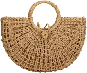 YYW Straw Bags for Women,Hand-woven Straw Top-handle Bag with Round Ring Handle Summer Beach Rattan Tote Handbag