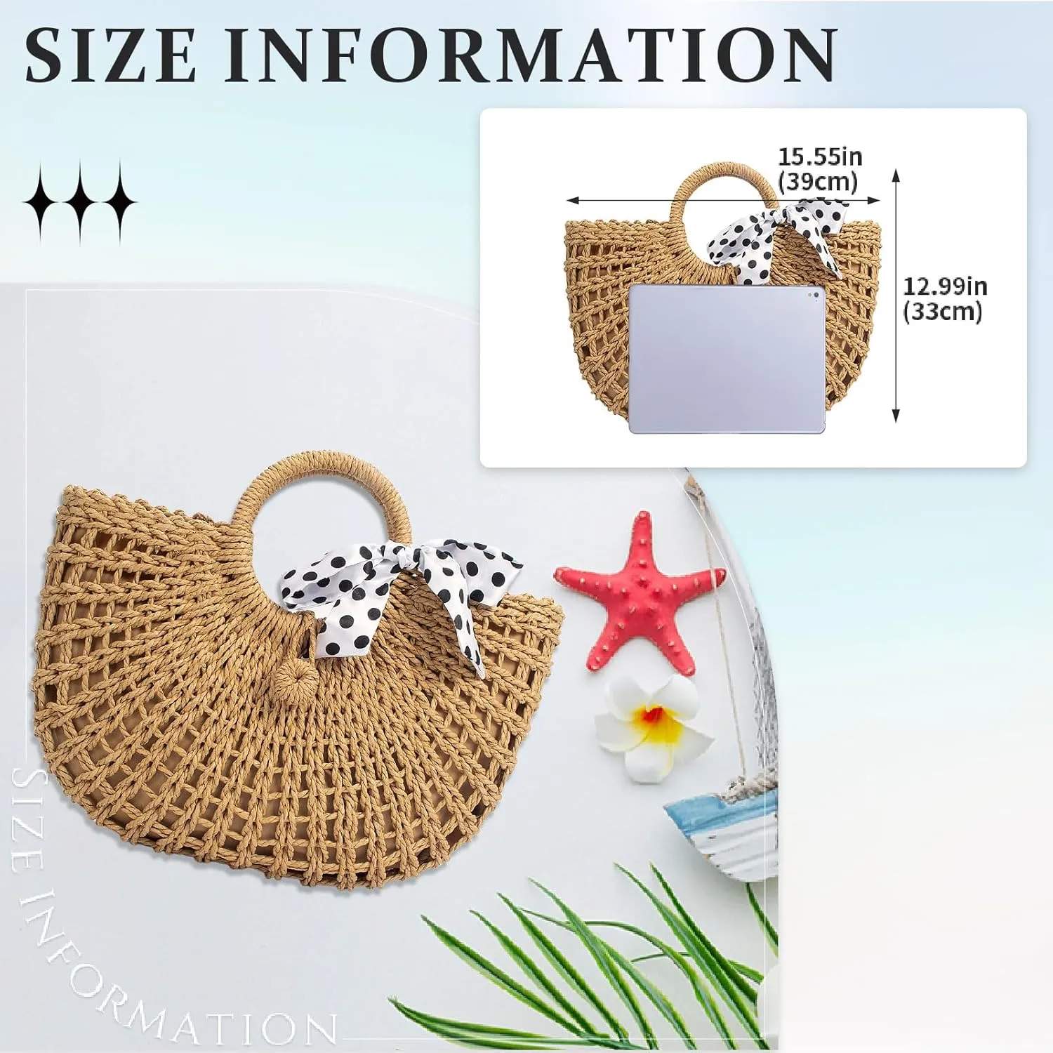 YYW Straw Bags for Women,Hand-woven Straw Top-handle Bag with Round Ring Handle Summer Beach Rattan Tote Handbag