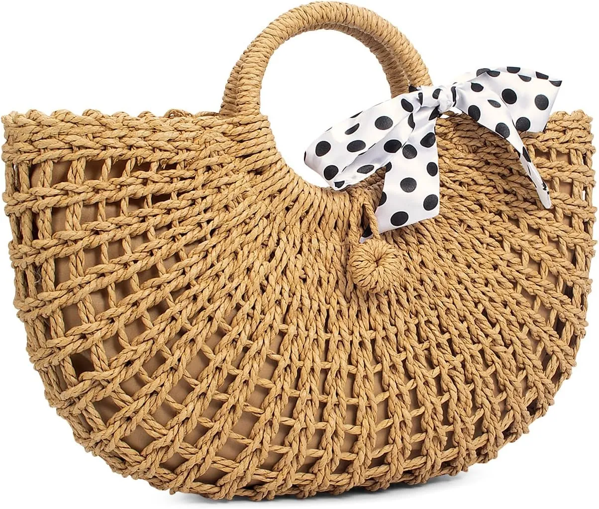 YYW Straw Bags for Women,Hand-woven Straw Top-handle Bag with Round Ring Handle Summer Beach Rattan Tote Handbag