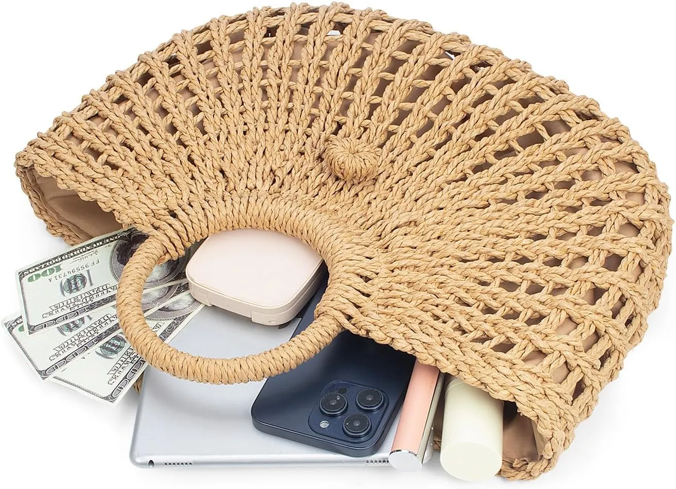 YYW Straw Bags for Women,Hand-woven Straw Top-handle Bag with Round Ring Handle Summer Beach Rattan Tote Handbag