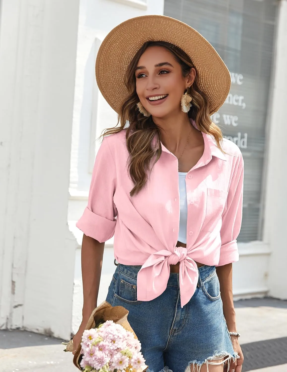 Zeagoo Womens Button Down Shirts Long Sleeve Cotton Gauze Tops Casual Collared Blouses Loose Fit