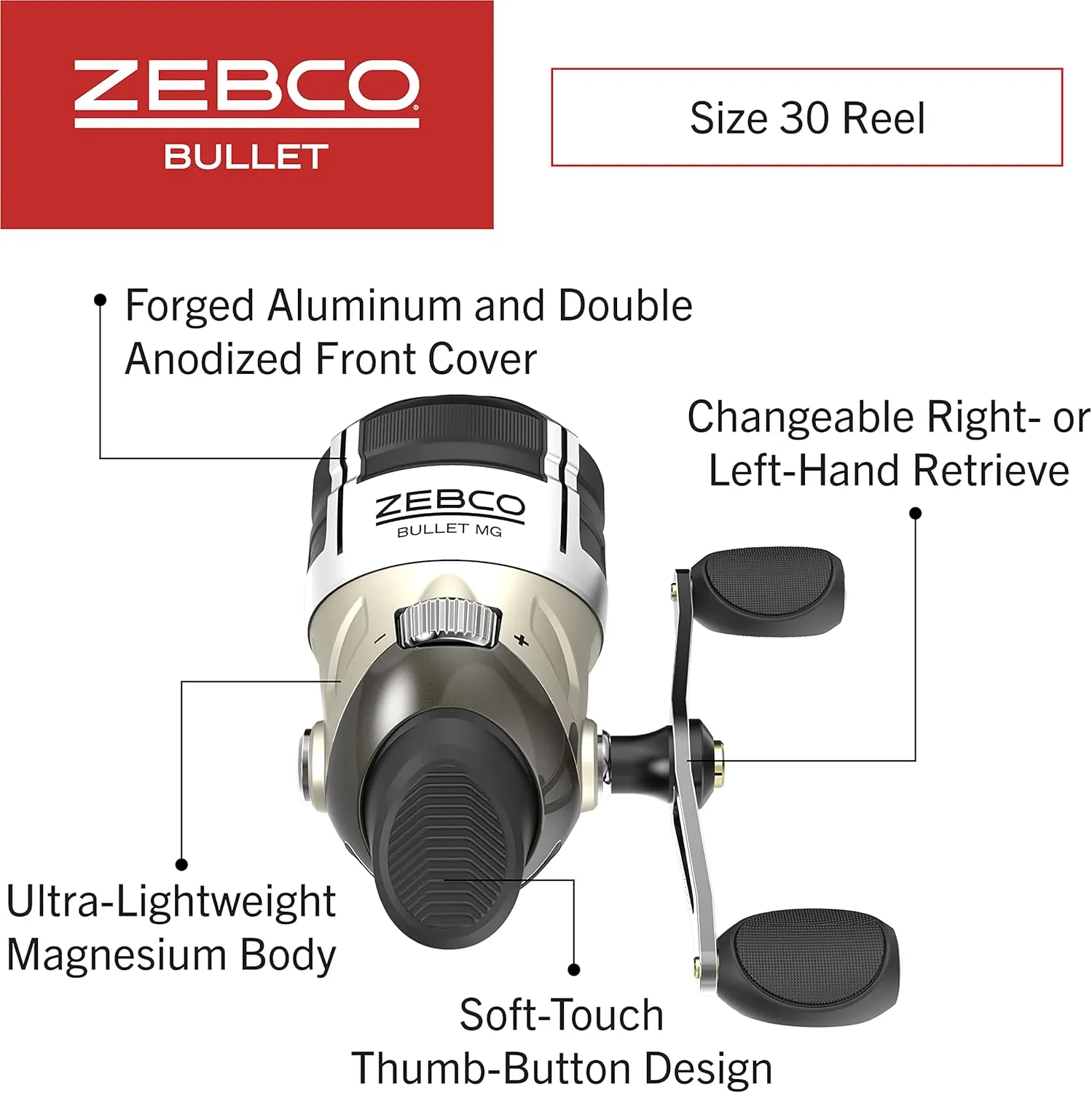 Zebco Bullet MG Spincast Fishing Reel, Size 30 Reel, Ultra-Lightweight Magnesium Body, Changeable Right- or Left-Hand Retrieve, Oversized Non-Slip Handle Knob, Dark Silver